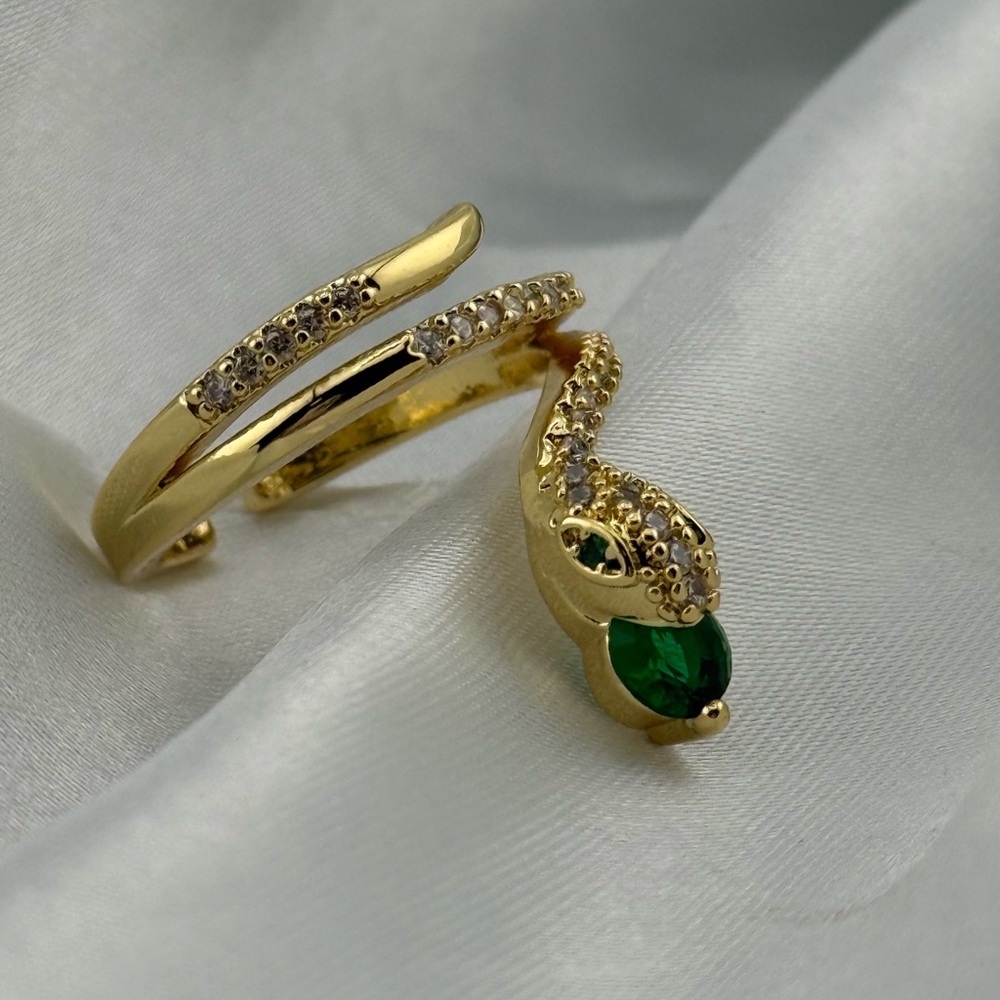 Gold Snake Ring with Green Stone and Pavé Crystals - Picture 10 of 11